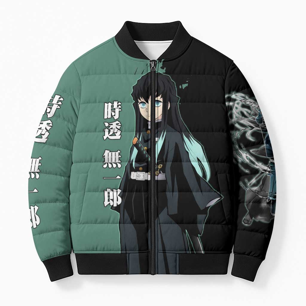 Muichiro Tokito from Demon Slayer Bomber Puffer Jacket with Green and Black Mist Background and Dual Character Manga Style Design - The Mazicc