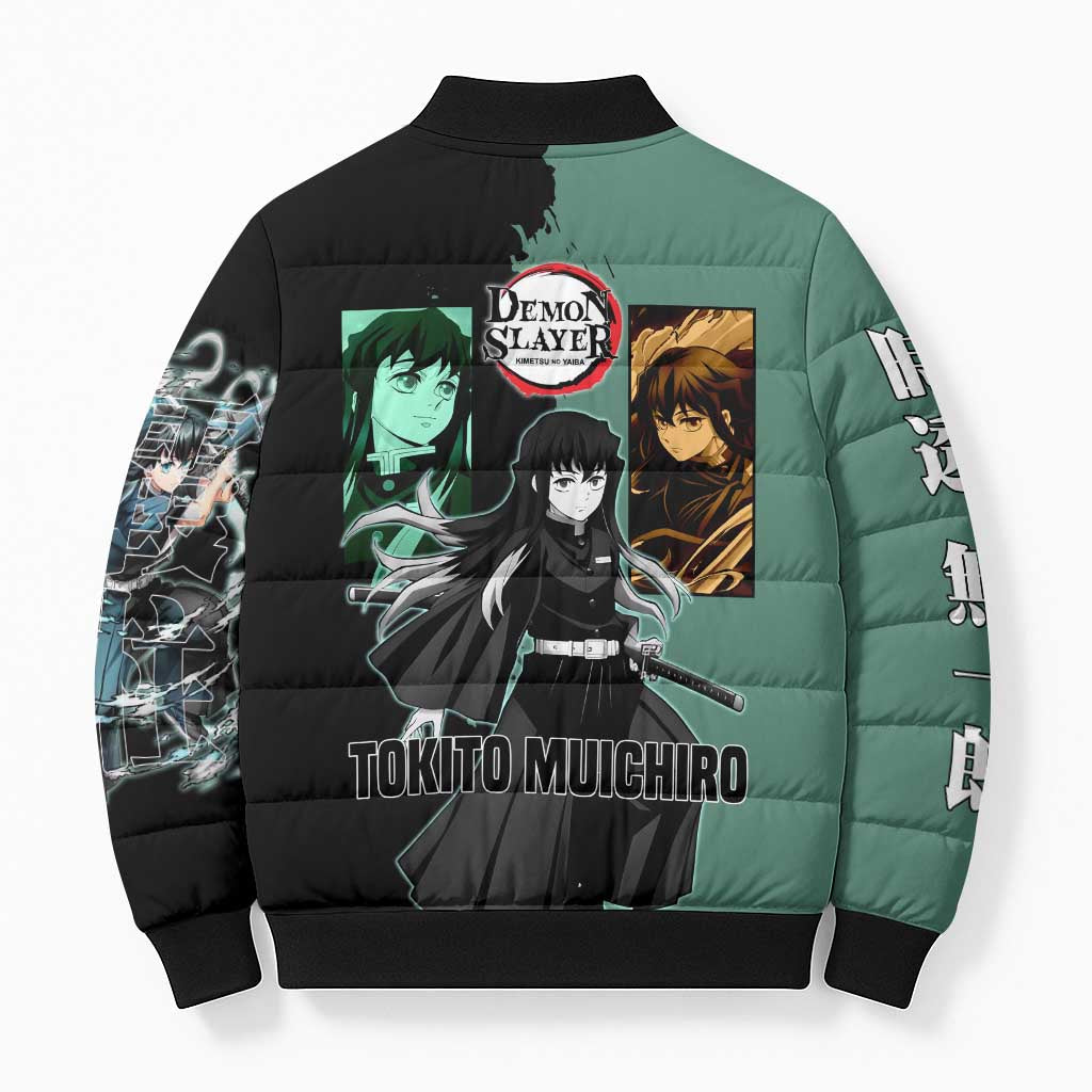 Muichiro Tokito from Demon Slayer Bomber Puffer Jacket with Green and Black Mist Background and Dual Character Manga Style Design - The Mazicc