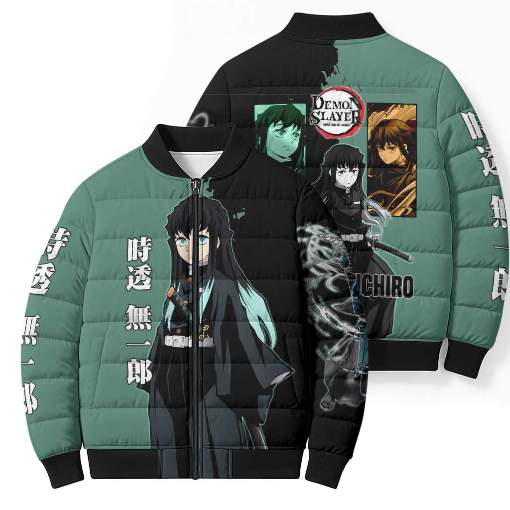 Muichiro Tokito from Demon Slayer Bomber Puffer Jacket with Green and Black Mist Background and Dual Character Manga Style Design - The Mazicc