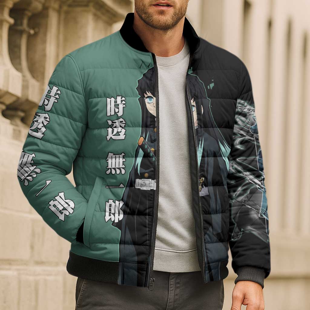 Muichiro Tokito from Demon Slayer Bomber Puffer Jacket with Green and Black Mist Background and Dual Character Manga Style Design - The Mazicc