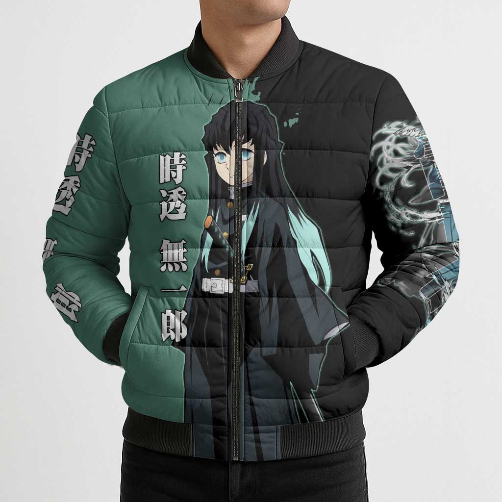 Muichiro Tokito from Demon Slayer Bomber Puffer Jacket with Green and Black Mist Background and Dual Character Manga Style Design - The Mazicc