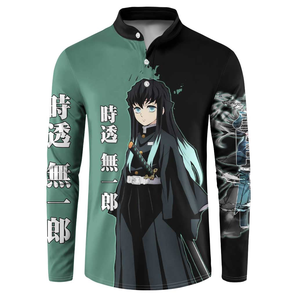 Muichiro Tokito from Demon Slayer Button Sweatshirt with Green and Black Mist Background and Dual Character Manga Style Design - The Mazicc