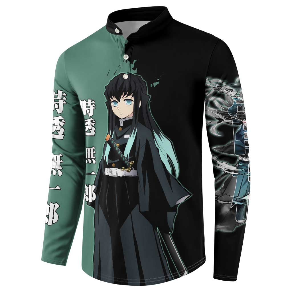 Muichiro Tokito from Demon Slayer Button Sweatshirt with Green and Black Mist Background and Dual Character Manga Style Design - The Mazicc