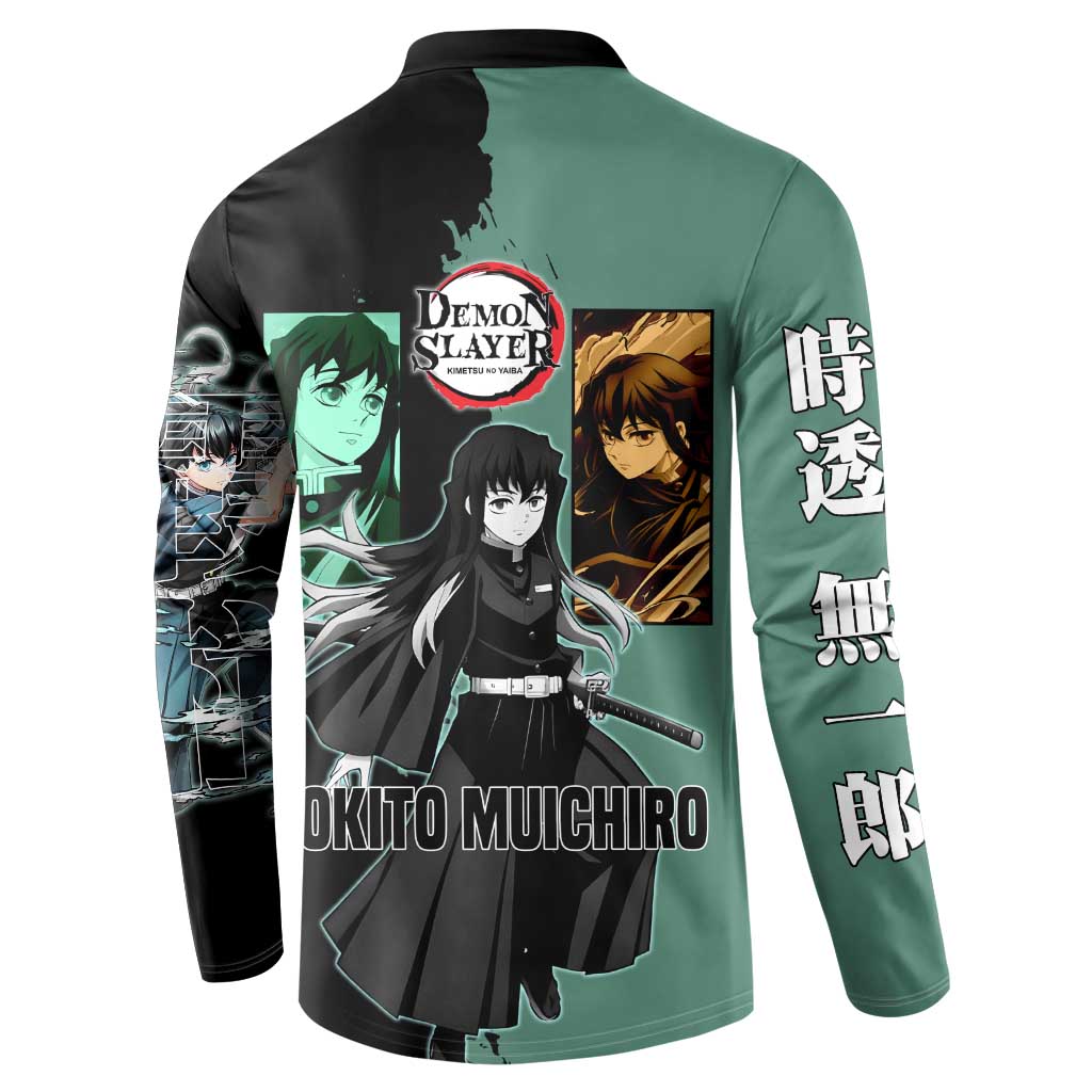 Muichiro Tokito from Demon Slayer Button Sweatshirt with Green and Black Mist Background and Dual Character Manga Style Design - The Mazicc