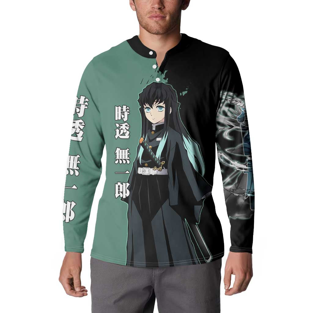 Muichiro Tokito from Demon Slayer Button Sweatshirt with Green and Black Mist Background and Dual Character Manga Style Design - The Mazicc