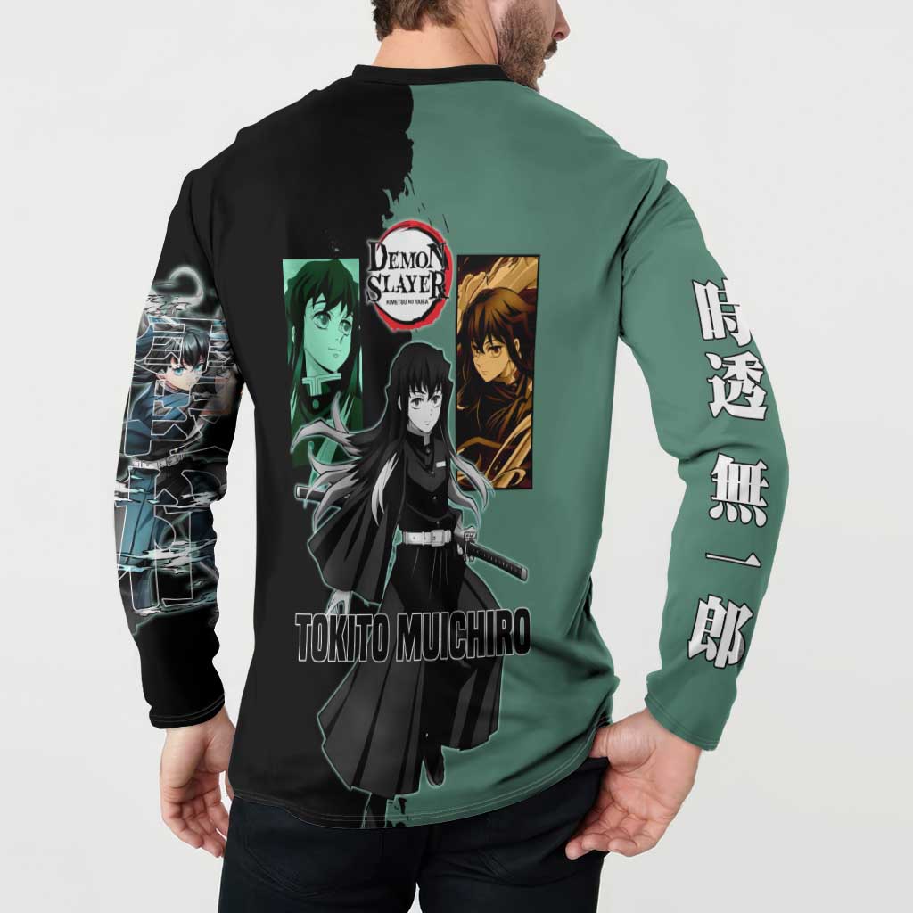 Muichiro Tokito from Demon Slayer Button Sweatshirt with Green and Black Mist Background and Dual Character Manga Style Design - The Mazicc