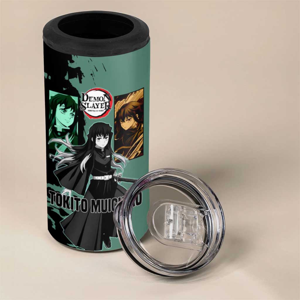 Muichiro Tokito from Demon Slayer 4 in 1 Can Cooler Tumbler with Green and Black Mist Background and Dual Character Manga Style Design - The Mazicc