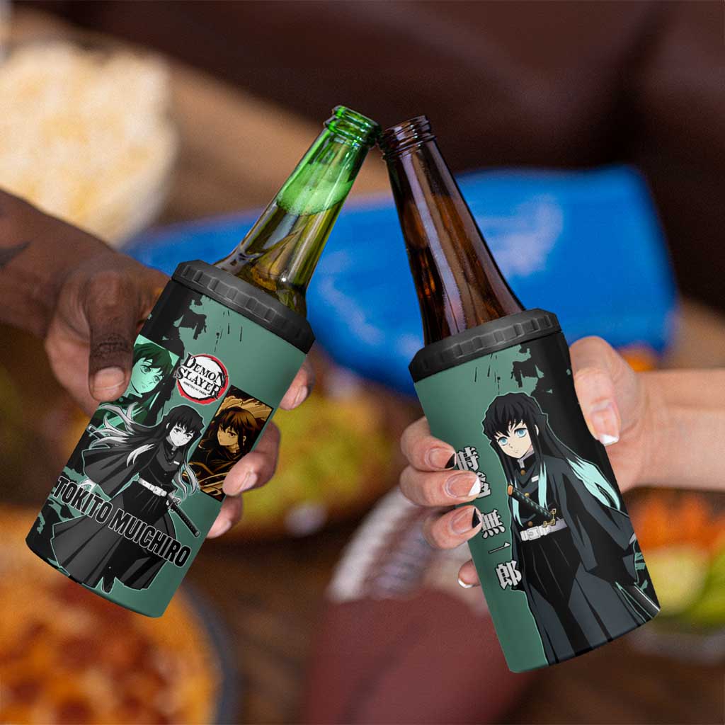 Muichiro Tokito from Demon Slayer 4 in 1 Can Cooler Tumbler with Green and Black Mist Background and Dual Character Manga Style Design - The Mazicc