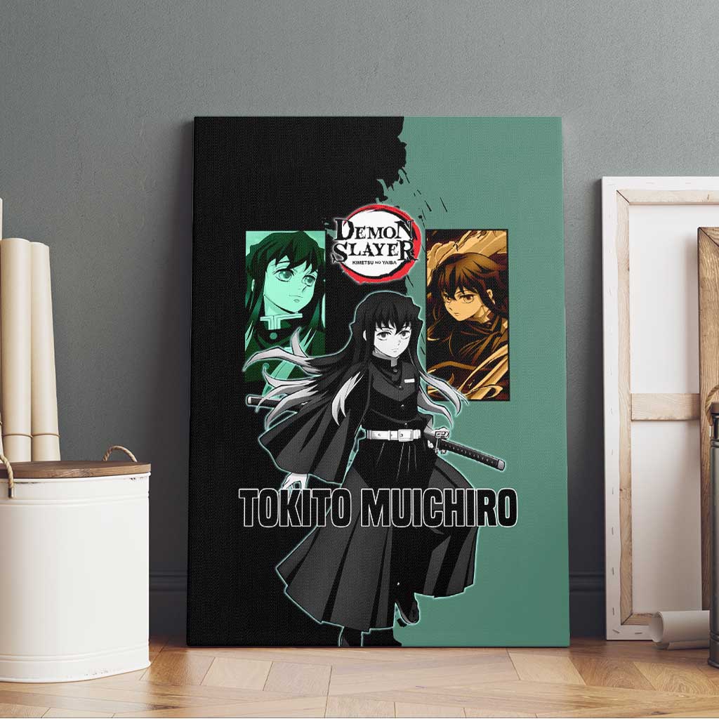 Muichiro Tokito from Demon Slayer Canvas Wall Art with Green and Black Mist Background and Dual Character Manga Style Design - The Mazicc