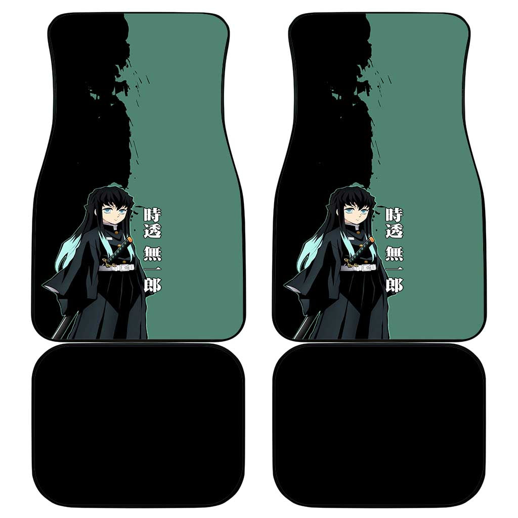 Muichiro Tokito from Demon Slayer Car Mats with Green and Black Mist Background and Dual Character Manga Style Design - The Mazicc