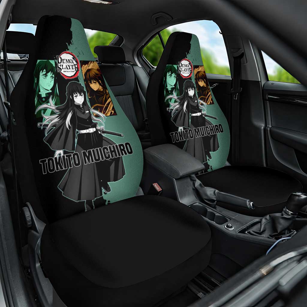 Muichiro Tokito from Demon Slayer Car Seat Cover with Green and Black Mist Background and Dual Character Manga Style Design - The Mazicc