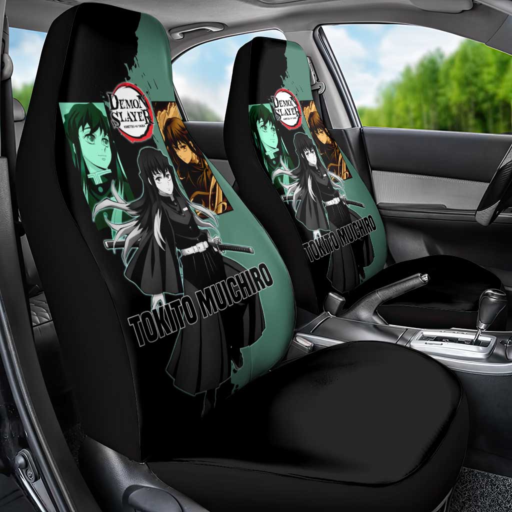 Muichiro Tokito from Demon Slayer Car Seat Cover with Green and Black Mist Background and Dual Character Manga Style Design - The Mazicc
