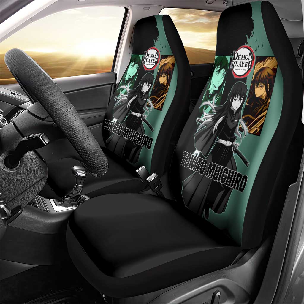 Muichiro Tokito from Demon Slayer Car Seat Cover with Green and Black Mist Background and Dual Character Manga Style Design - The Mazicc