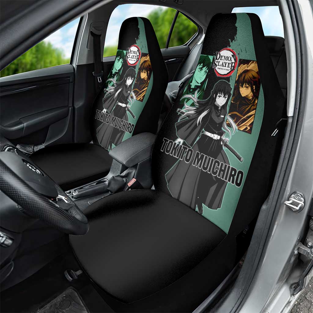 Muichiro Tokito from Demon Slayer Car Seat Cover with Green and Black Mist Background and Dual Character Manga Style Design - The Mazicc