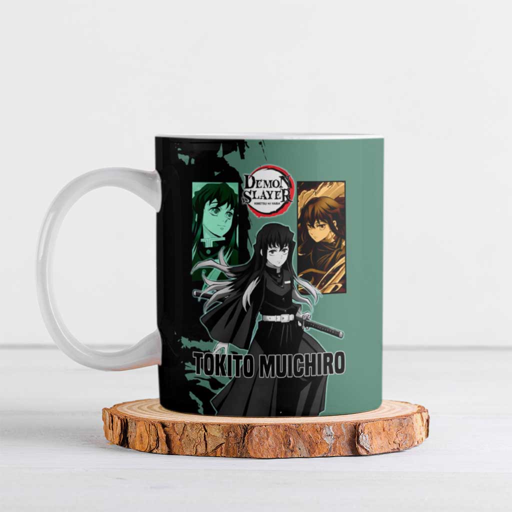 Muichiro Tokito from Demon Slayer Ceramic Mug with Green and Black Mist Background and Dual Character Manga Style Design - The Mazicc