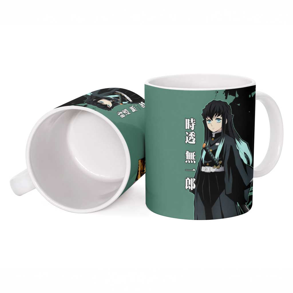 Muichiro Tokito from Demon Slayer Ceramic Mug with Green and Black Mist Background and Dual Character Manga Style Design - The Mazicc