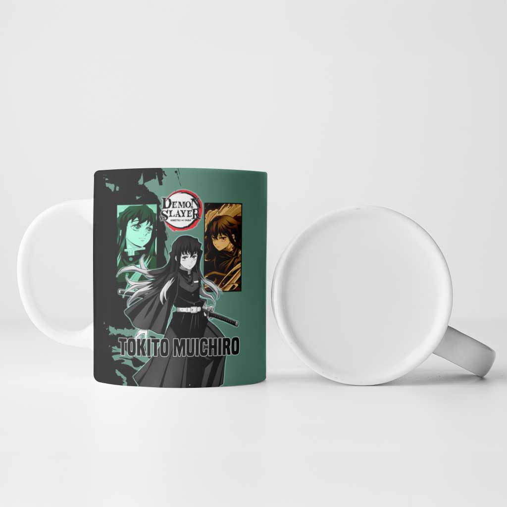 Muichiro Tokito from Demon Slayer Ceramic Mug with Green and Black Mist Background and Dual Character Manga Style Design - The Mazicc