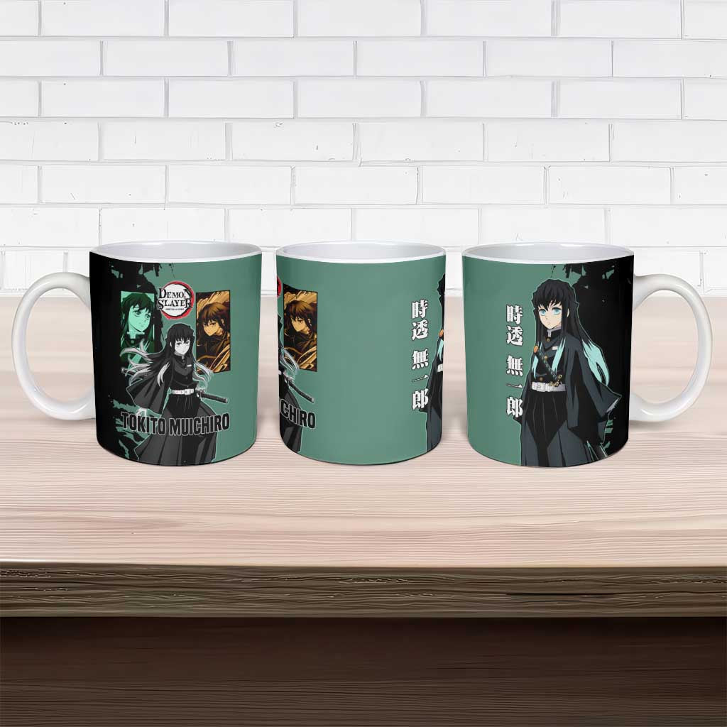 Muichiro Tokito from Demon Slayer Ceramic Mug with Green and Black Mist Background and Dual Character Manga Style Design - The Mazicc