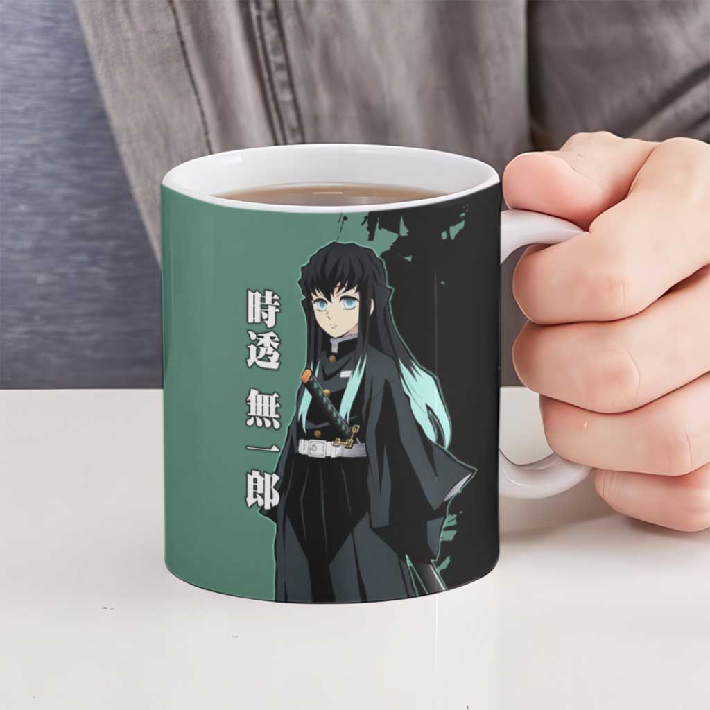 Muichiro Tokito from Demon Slayer Ceramic Mug with Green and Black Mist Background and Dual Character Manga Style Design - The Mazicc