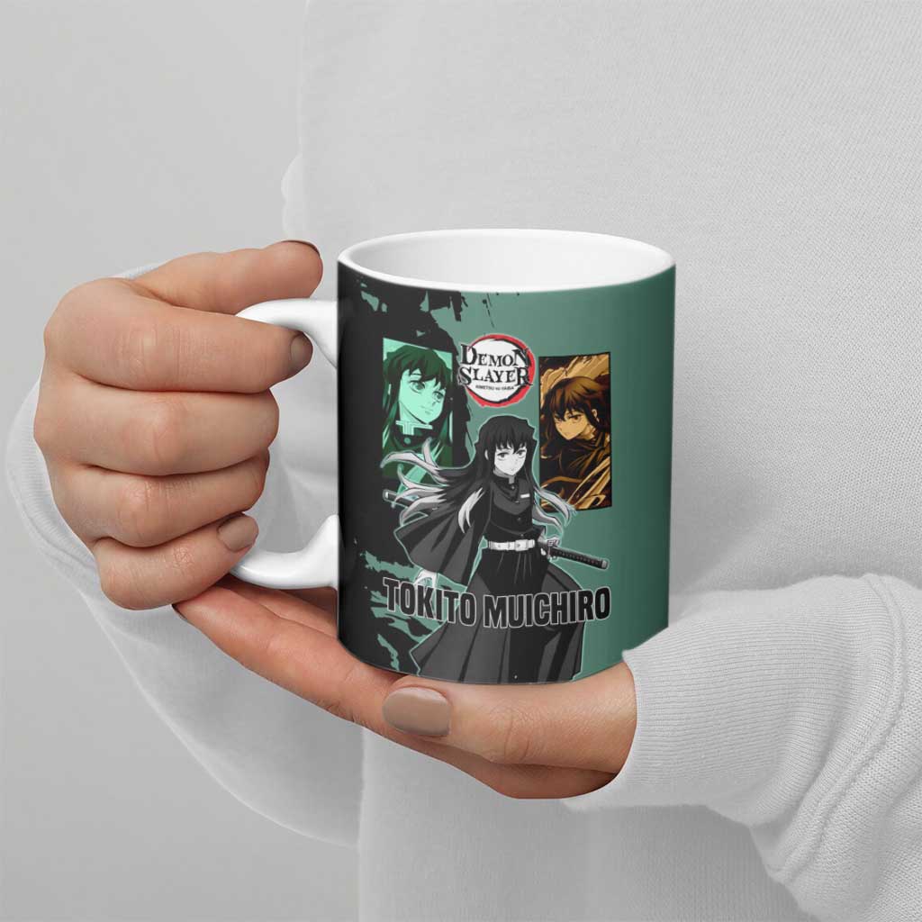 Muichiro Tokito from Demon Slayer Ceramic Mug with Green and Black Mist Background and Dual Character Manga Style Design - The Mazicc
