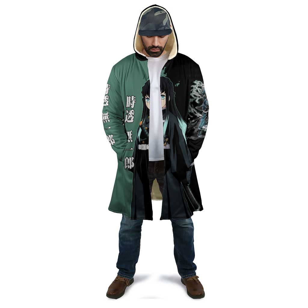 Muichiro Tokito from Demon Slayer Cloak with Green and Black Mist Background and Dual Character Manga Style Design - The Mazicc