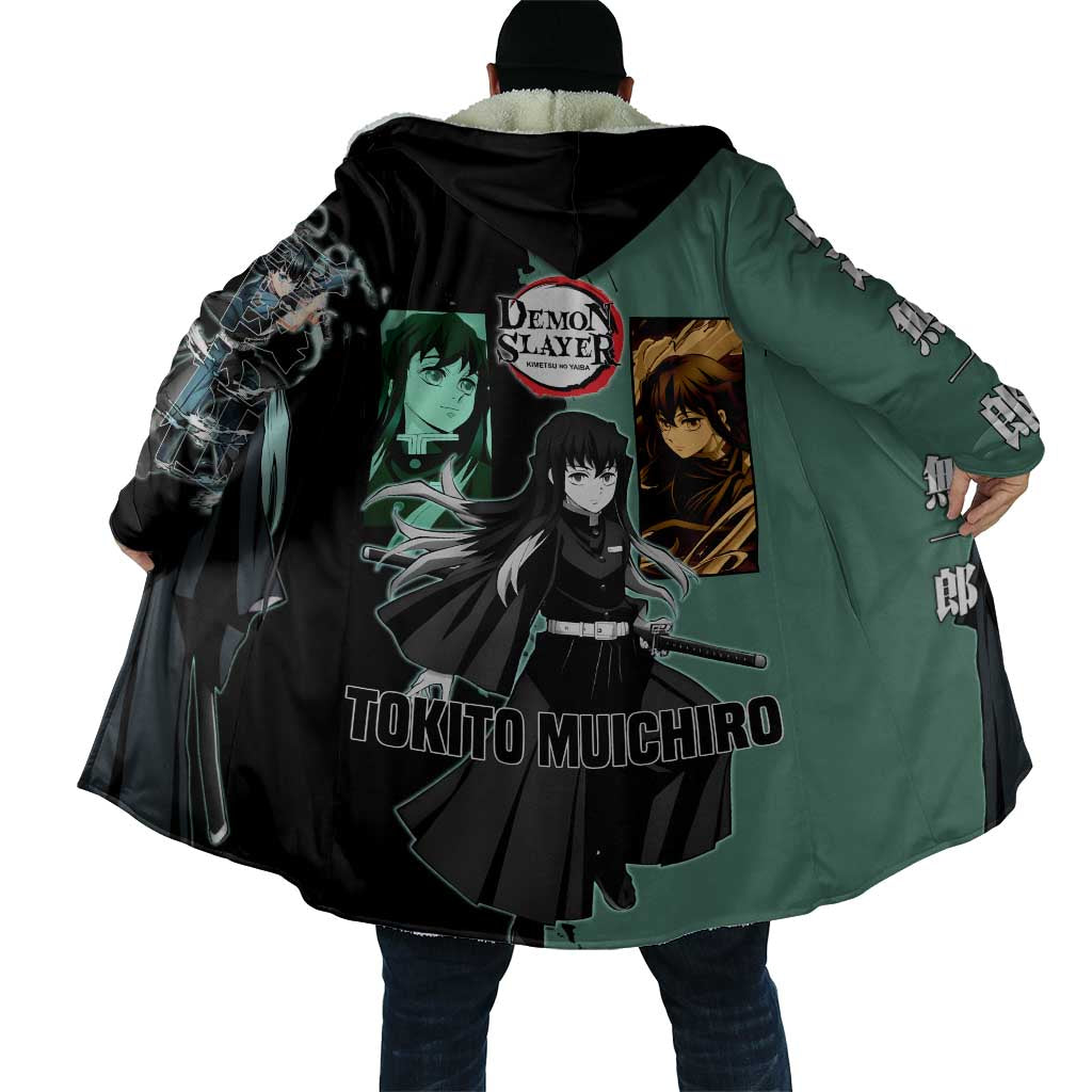 Muichiro Tokito from Demon Slayer Cloak with Green and Black Mist Background and Dual Character Manga Style Design - The Mazicc