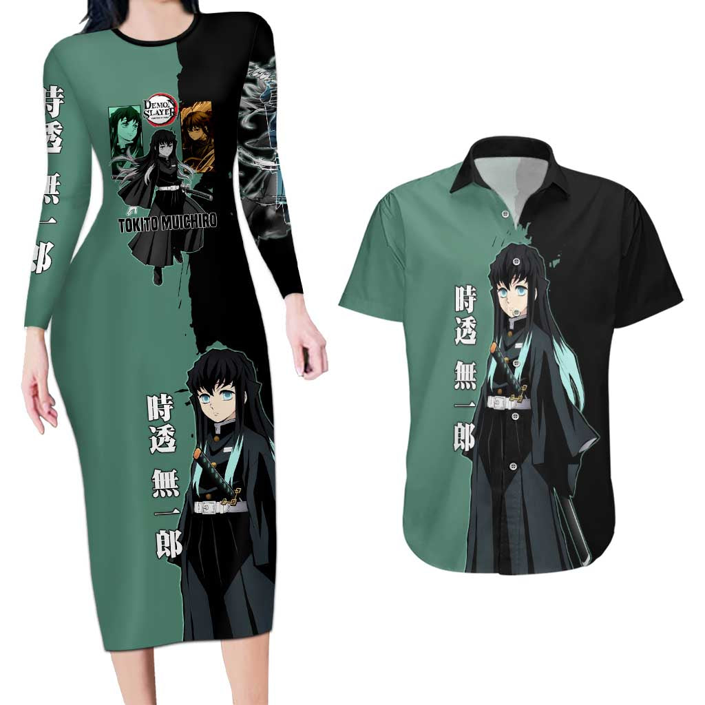 Muichiro Tokito from Demon Slayer Couples Matching Long Sleeve Bodycon Dress and Hawaiian Shirt with Green and Black Mist Background and Dual Character Manga Style Design - The Mazicc
