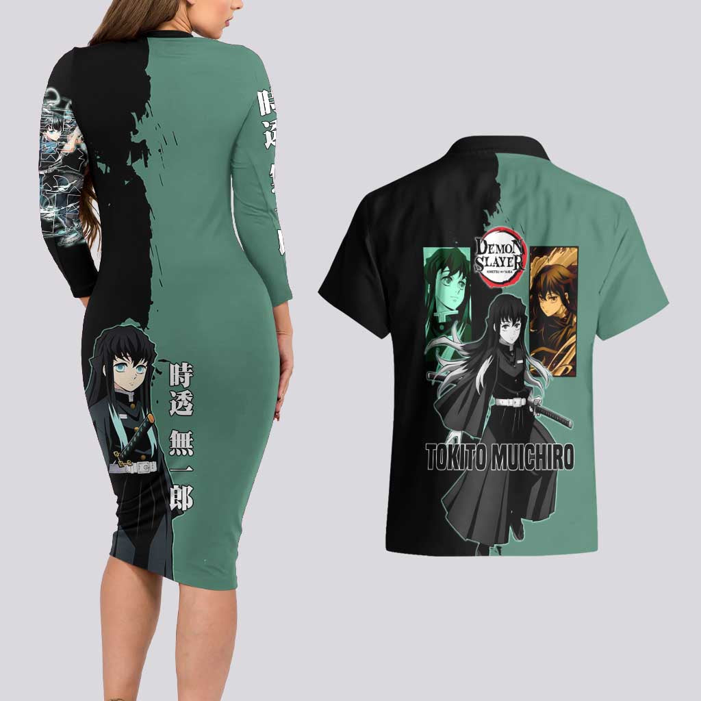 Muichiro Tokito from Demon Slayer Couples Matching Long Sleeve Bodycon Dress and Hawaiian Shirt with Green and Black Mist Background and Dual Character Manga Style Design - The Mazicc