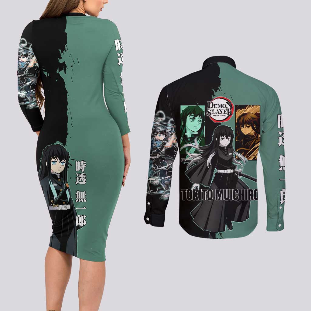 Muichiro Tokito from Demon Slayer Couples Matching Long Sleeve Bodycon Dress and Long Sleeve Button Shirt with Green and Black Mist Background and Dual Character Manga Style Design - The Mazicc