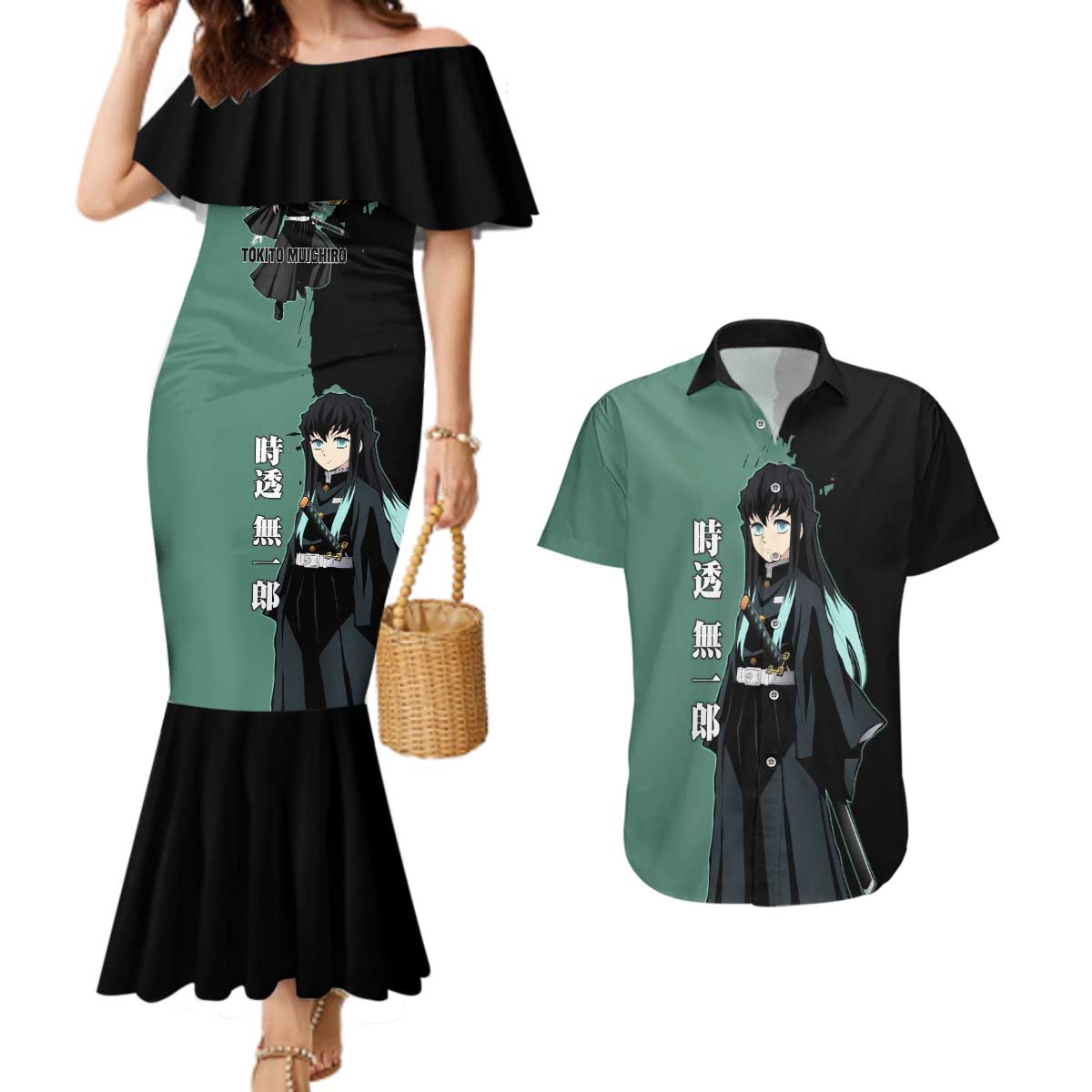 Muichiro Tokito from Demon Slayer Couples Matching Mermaid Dress and Hawaiian Shirt with Green and Black Mist Background and Dual Character Manga Style Design - The Mazicc