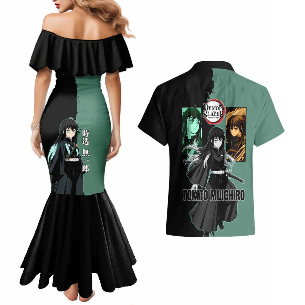 Muichiro Tokito from Demon Slayer Couples Matching Mermaid Dress and Hawaiian Shirt with Green and Black Mist Background and Dual Character Manga Style Design - The Mazicc