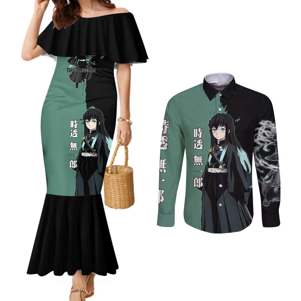 Muichiro Tokito from Demon Slayer Couples Matching Mermaid Dress and Long Sleeve Button Shirt with Green and Black Mist Background and Dual Character Manga Style Design - The Mazicc