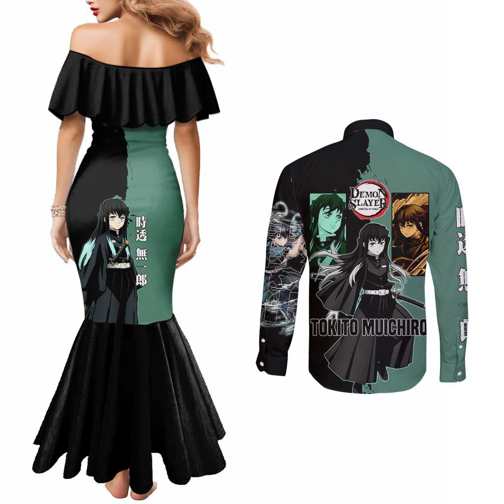Muichiro Tokito from Demon Slayer Couples Matching Mermaid Dress and Long Sleeve Button Shirt with Green and Black Mist Background and Dual Character Manga Style Design - The Mazicc