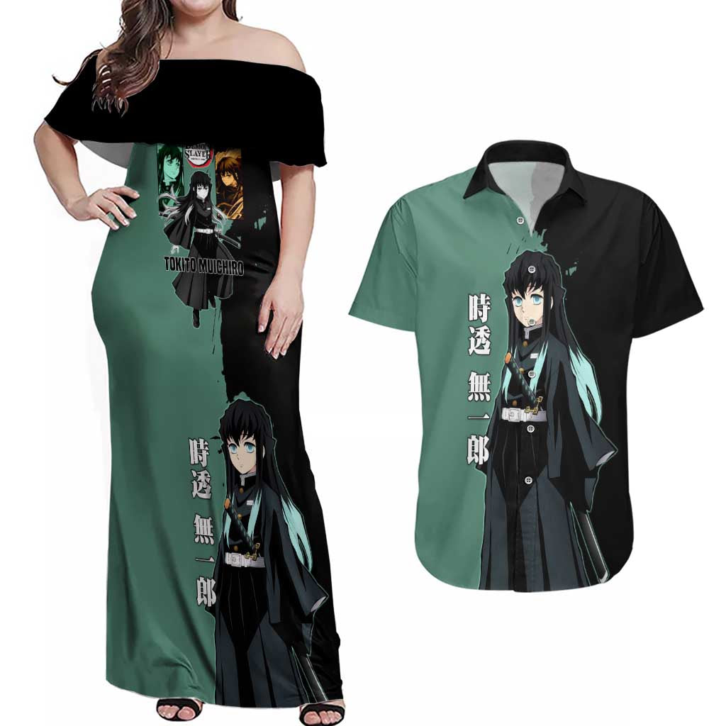 Muichiro Tokito from Demon Slayer Couples Matching Off Shoulder Maxi Dress and Hawaiian Shirt with Green and Black Mist Background and Dual Character Manga Style Design - The Mazicc
