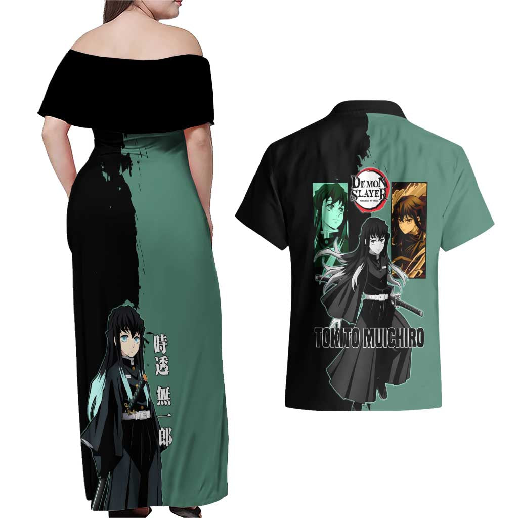 Muichiro Tokito from Demon Slayer Couples Matching Off Shoulder Maxi Dress and Hawaiian Shirt with Green and Black Mist Background and Dual Character Manga Style Design - The Mazicc