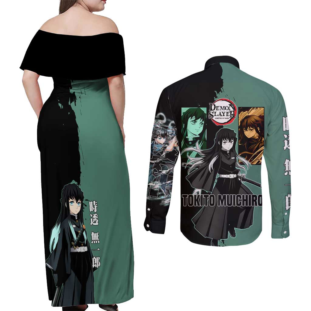 Muichiro Tokito from Demon Slayer Couples Matching Off Shoulder Maxi Dress and Long Sleeve Button Shirt with Green and Black Mist Background and Dual Character Manga Style Design - The Mazicc