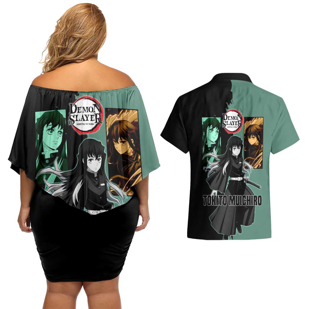 Muichiro Tokito from Demon Slayer Couples Matching Off Shoulder Short Dress and Hawaiian Shirt with Green and Black Mist Background and Dual Character Manga Style Design - The Mazicc