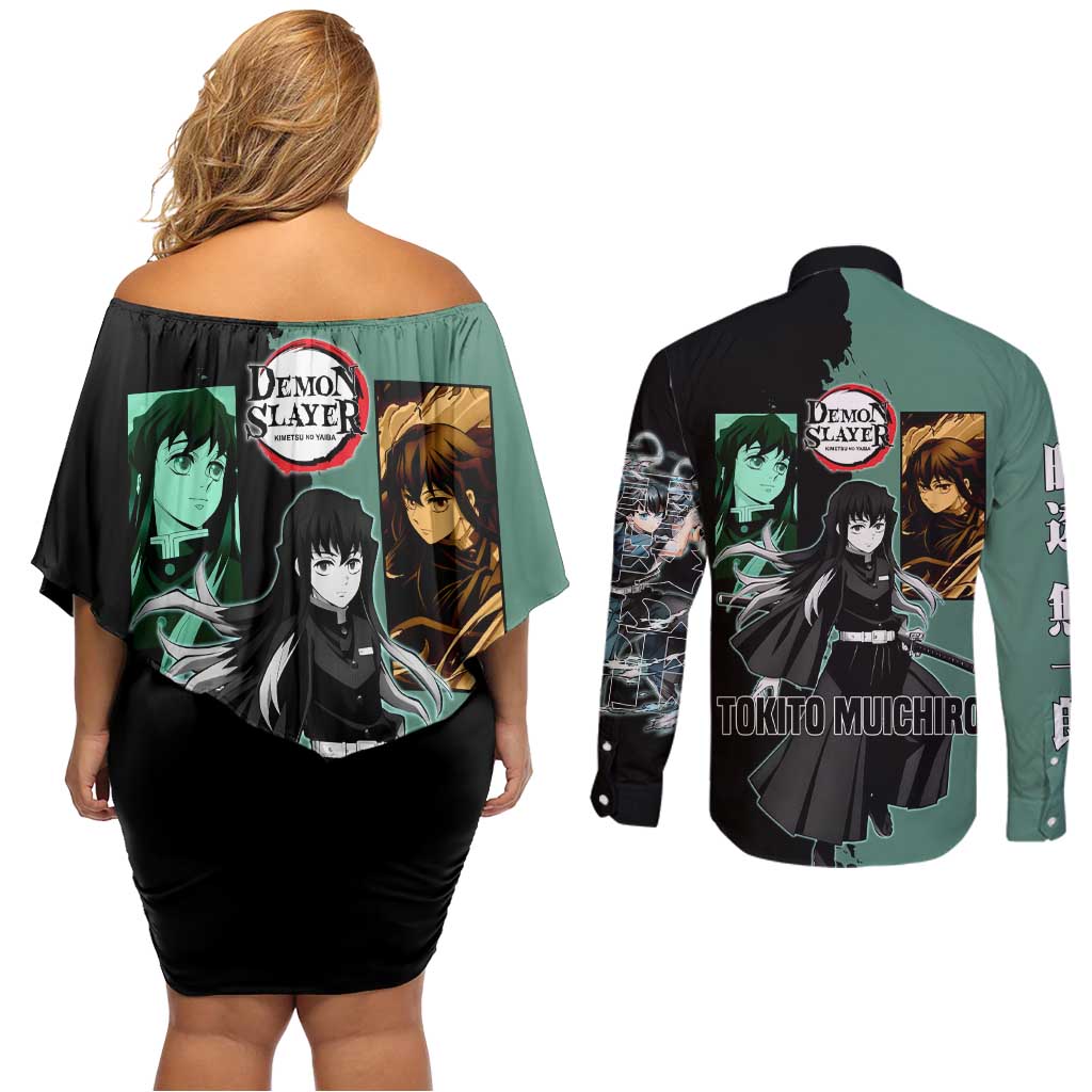 Muichiro Tokito from Demon Slayer Couples Matching Off Shoulder Short Dress and Long Sleeve Button Shirt with Green and Black Mist Background and Dual Character Manga Style Design - The Mazicc