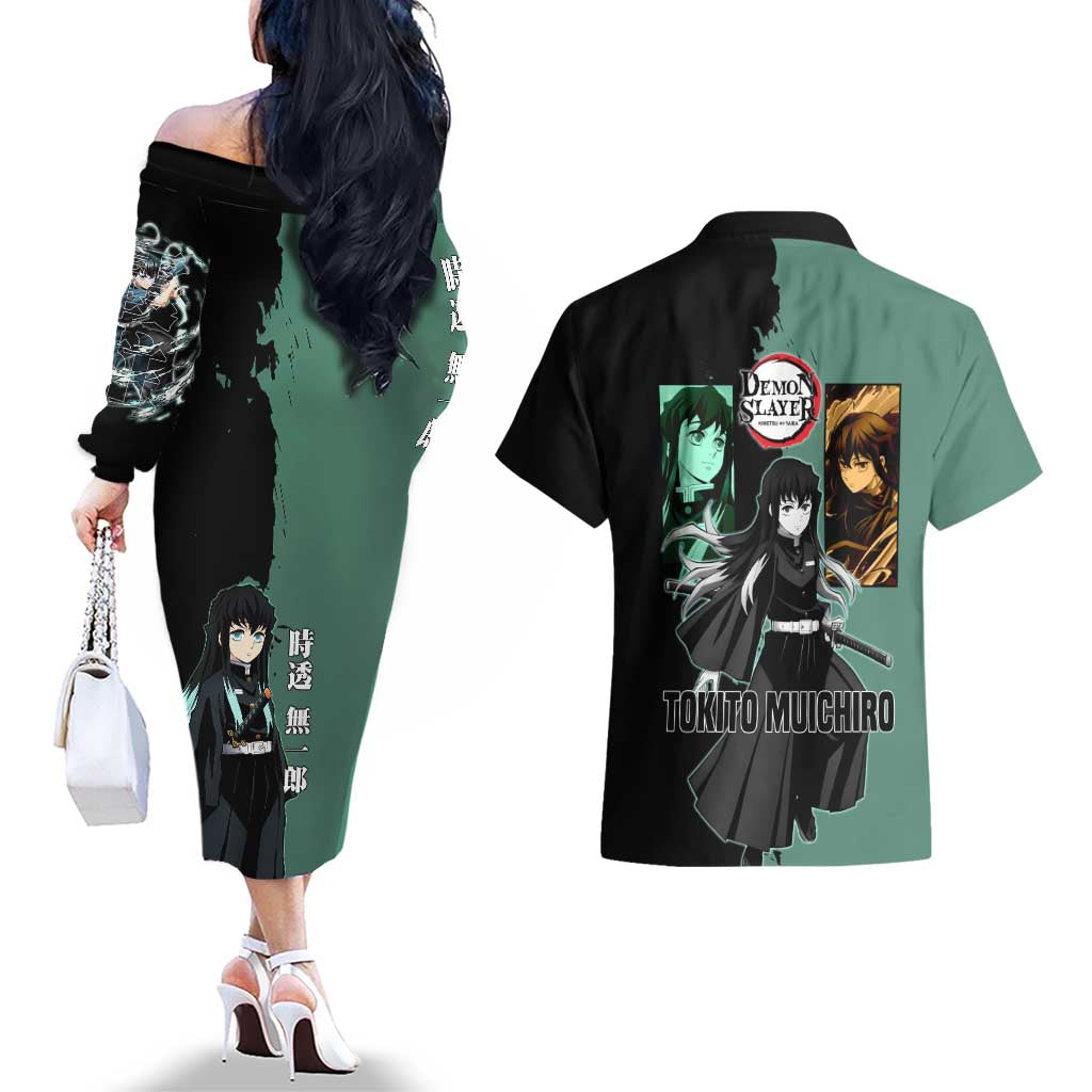 Muichiro Tokito from Demon Slayer Couples Matching Off The Shoulder Long Sleeve Dress and Hawaiian Shirt with Green and Black Mist Background and Dual Character Manga Style Design - The Mazicc