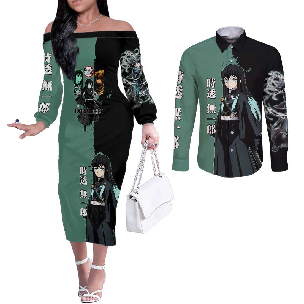 Muichiro Tokito from Demon Slayer Couples Matching Off The Shoulder Long Sleeve Dress and Long Sleeve Button Shirt with Green and Black Mist Background and Dual Character Manga Style Design - The Mazicc