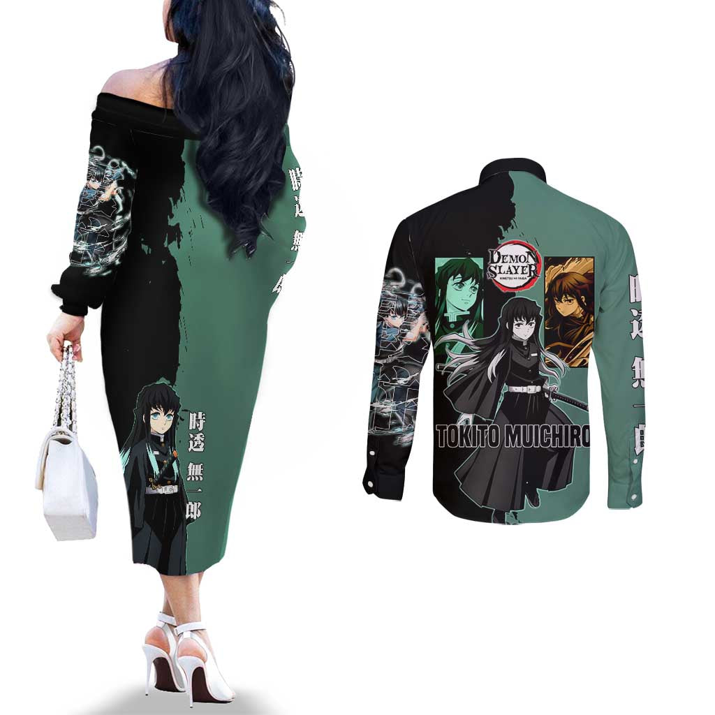 Muichiro Tokito from Demon Slayer Couples Matching Off The Shoulder Long Sleeve Dress and Long Sleeve Button Shirt with Green and Black Mist Background and Dual Character Manga Style Design - The Mazicc