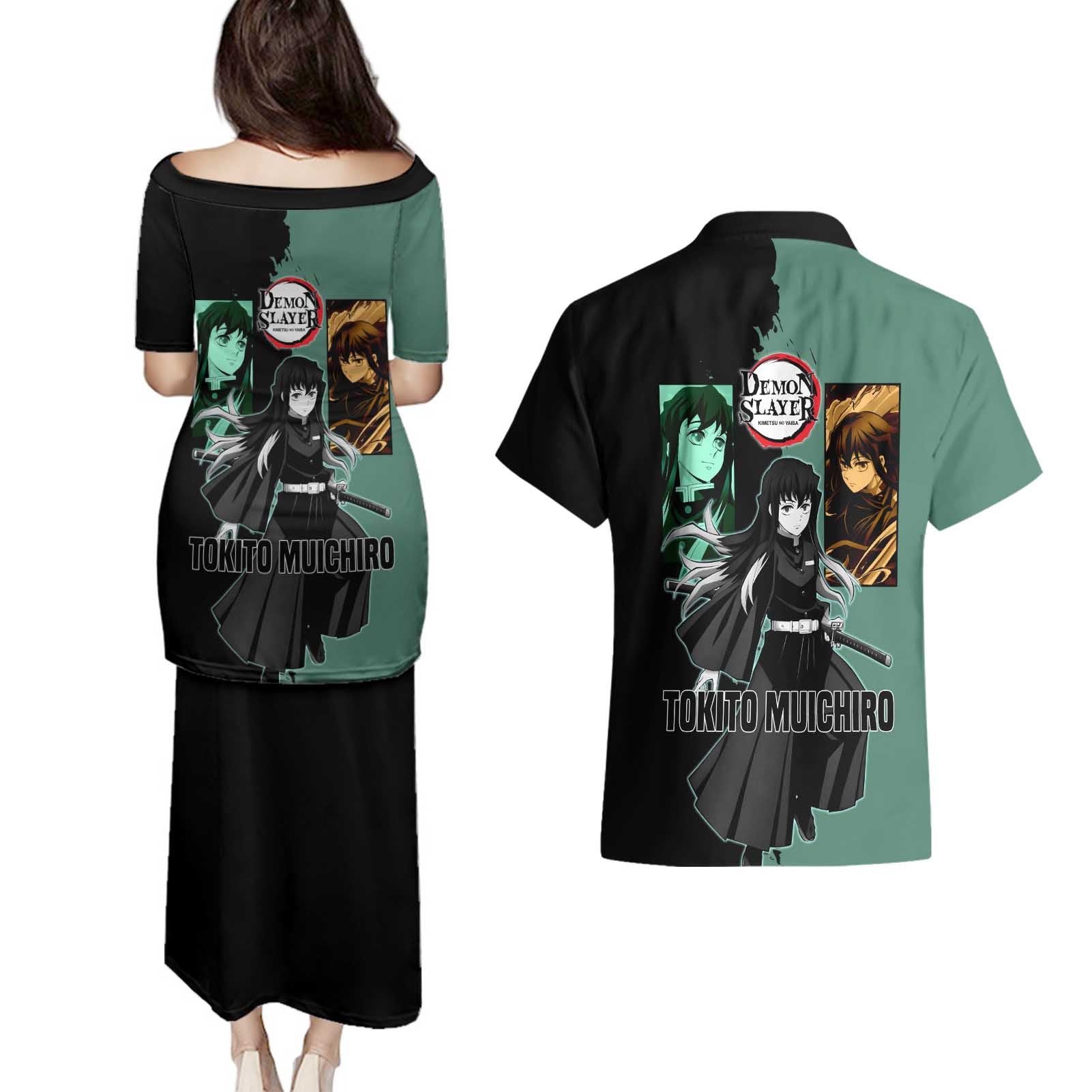 Muichiro Tokito from Demon Slayer Couples Matching Puletasi and Hawaiian Shirt with Green and Black Mist Background and Dual Character Manga Style Design - The Mazicc