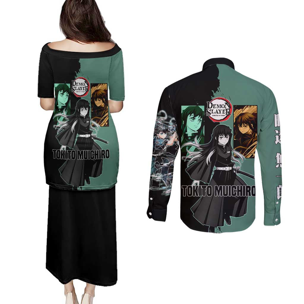 Muichiro Tokito from Demon Slayer Couples Matching Puletasi and Long Sleeve Button Shirt with Green and Black Mist Background and Dual Character Manga Style Design - The Mazicc