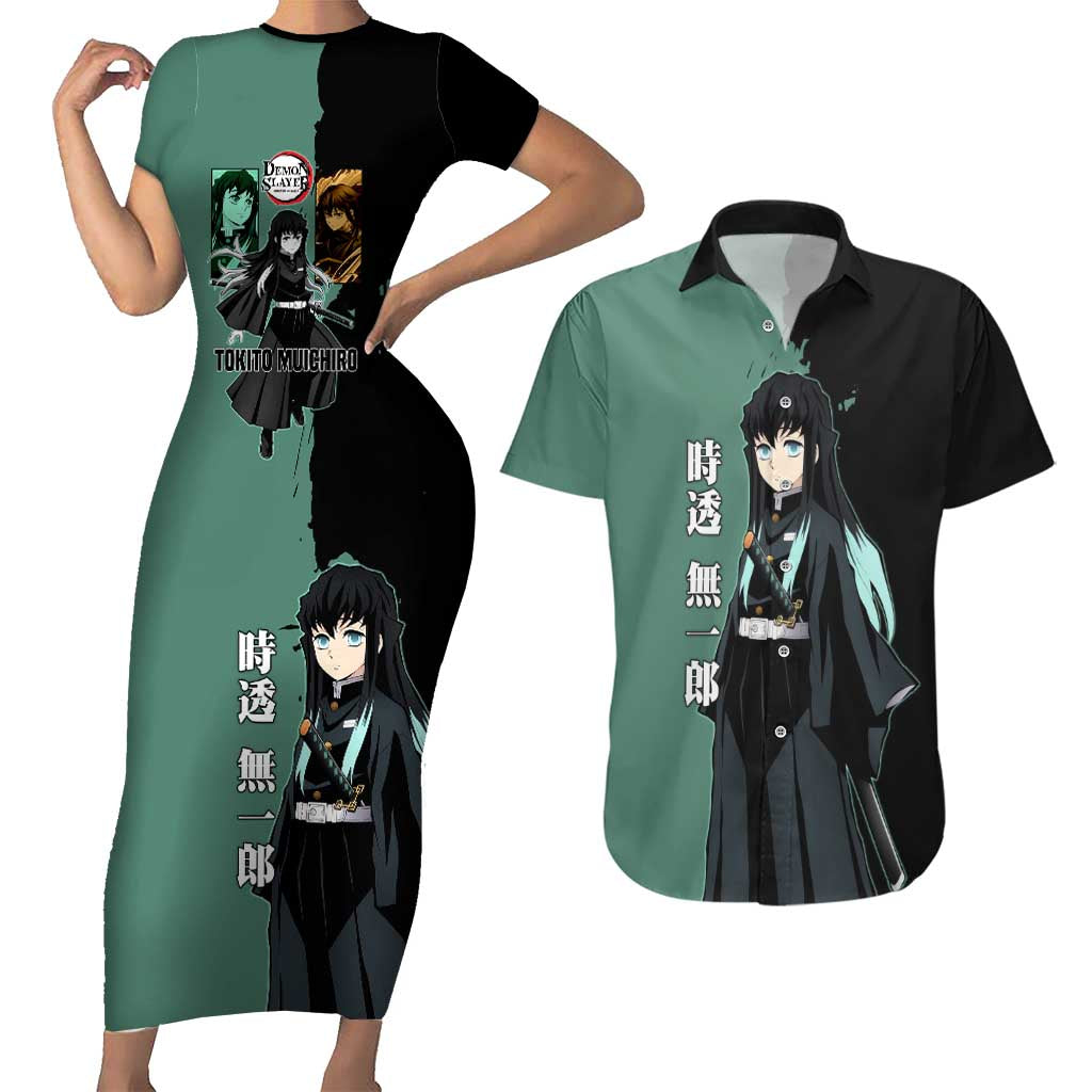 Muichiro Tokito from Demon Slayer Couples Matching Short Sleeve Bodycon Dress and Hawaiian Shirt with Green and Black Mist Background and Dual Character Manga Style Design - The Mazicc