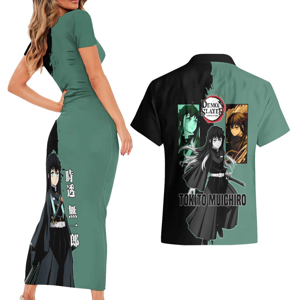 Muichiro Tokito from Demon Slayer Couples Matching Short Sleeve Bodycon Dress and Hawaiian Shirt with Green and Black Mist Background and Dual Character Manga Style Design - The Mazicc