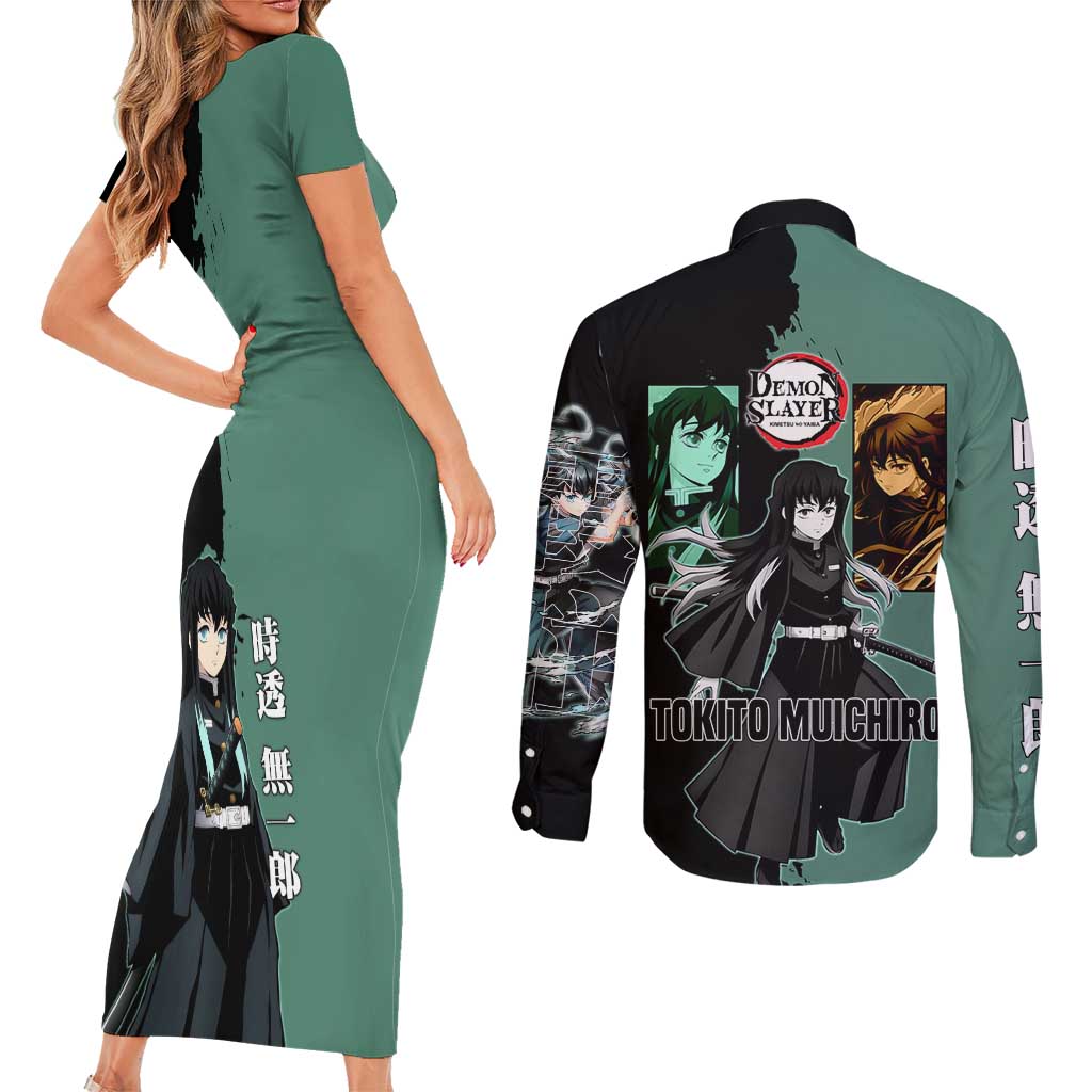 Muichiro Tokito from Demon Slayer Couples Matching Short Sleeve Bodycon Dress and Long Sleeve Button Shirt with Green and Black Mist Background and Dual Character Manga Style Design - The Mazicc