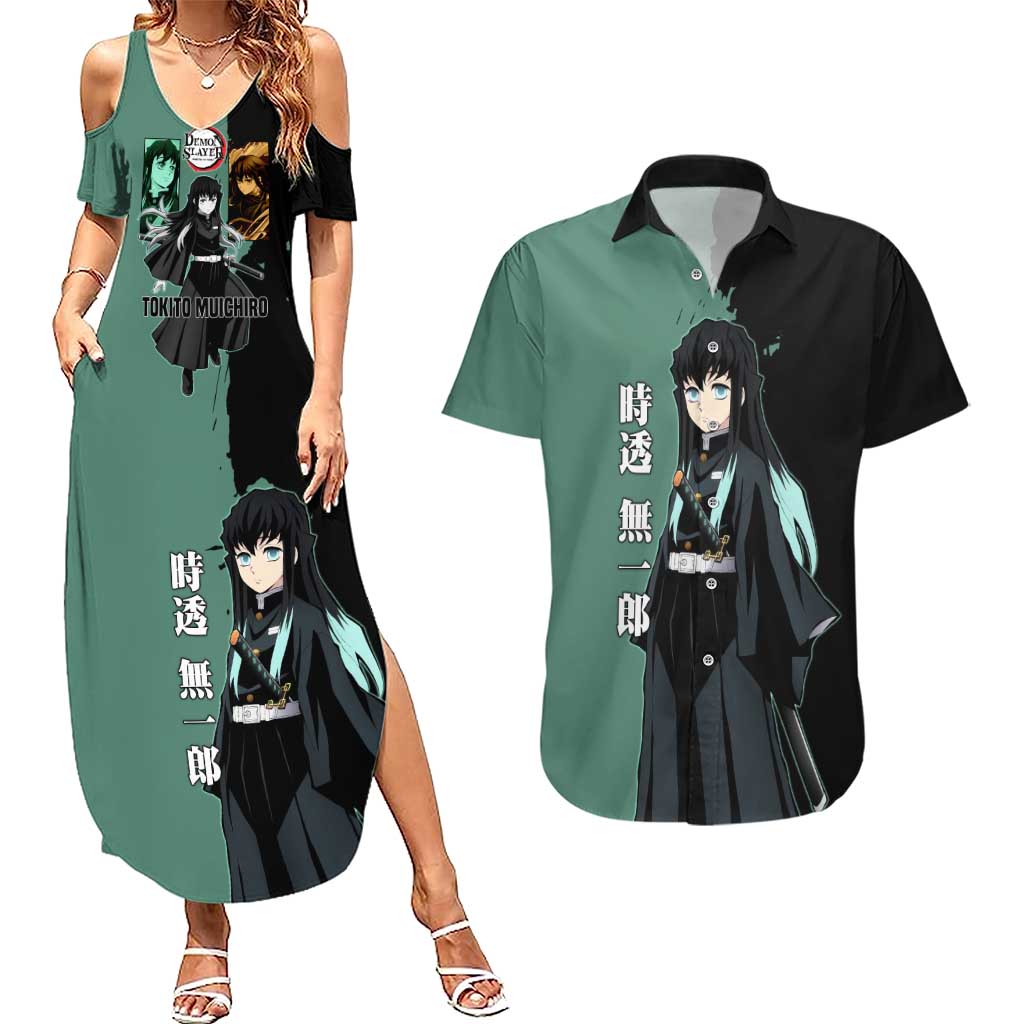 Muichiro Tokito from Demon Slayer Couples Matching Summer Maxi Dress and Hawaiian Shirt with Green and Black Mist Background and Dual Character Manga Style Design - The Mazicc