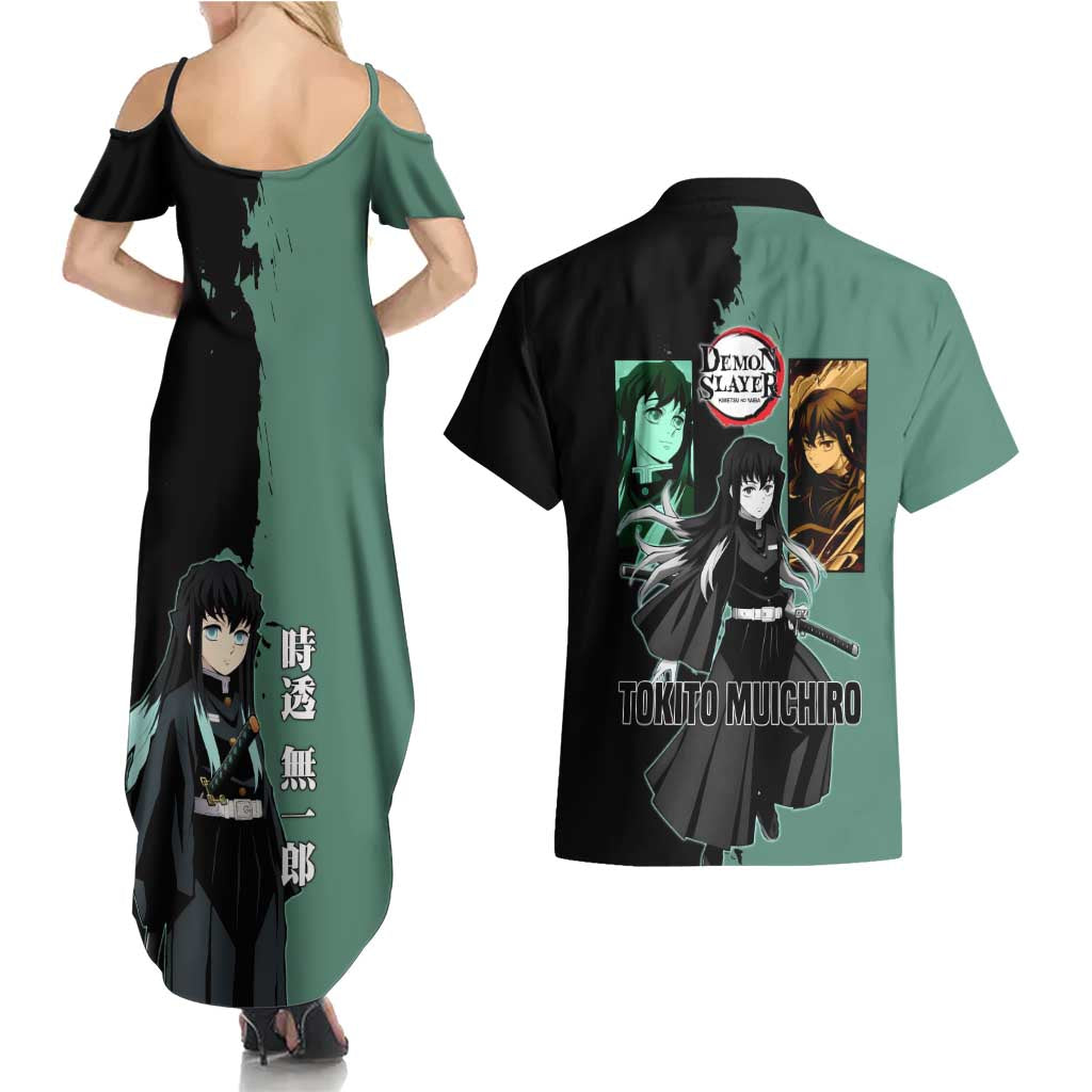 Muichiro Tokito from Demon Slayer Couples Matching Summer Maxi Dress and Hawaiian Shirt with Green and Black Mist Background and Dual Character Manga Style Design - The Mazicc