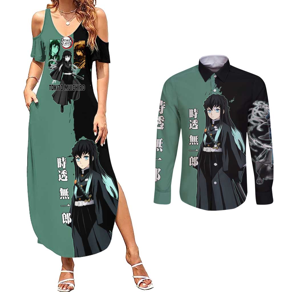 Muichiro Tokito from Demon Slayer Couples Matching Summer Maxi Dress and Long Sleeve Button Shirt with Green and Black Mist Background and Dual Character Manga Style Design - The Mazicc
