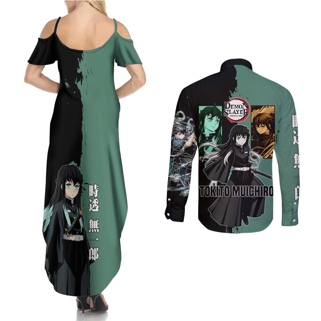 Muichiro Tokito from Demon Slayer Couples Matching Summer Maxi Dress and Long Sleeve Button Shirt with Green and Black Mist Background and Dual Character Manga Style Design - The Mazicc